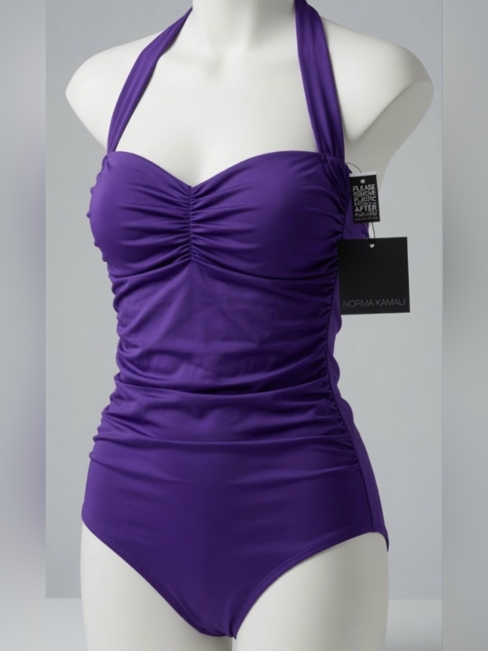 NWT Norma Kamali Deep Purple Halter Ruched One-Piece Swimsuit
